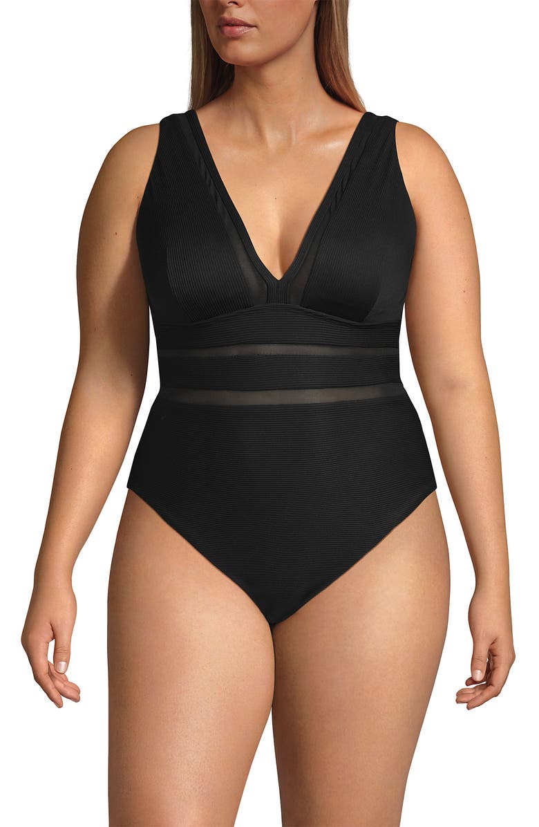 Lands' End Plus Size Mesh Ribbed Plunge High Leg One Piece Swimsuit, Alternate, color,