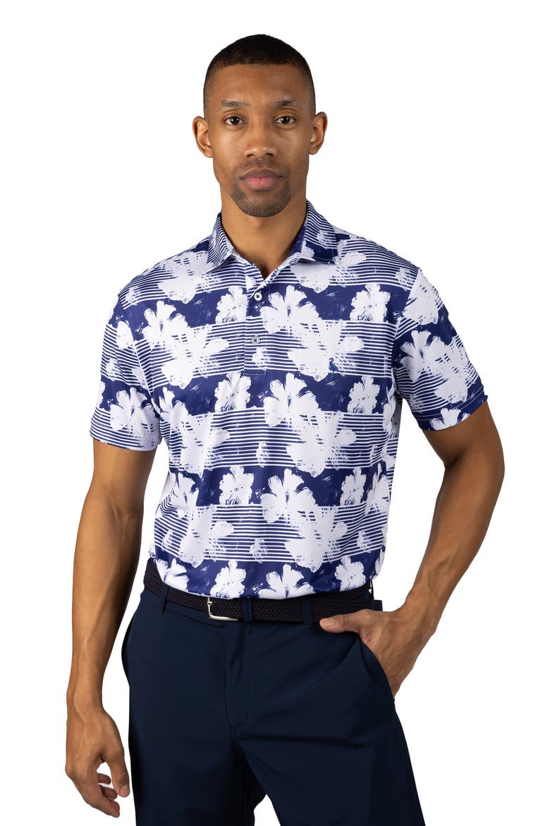 Tropical Stripe Floral Print Performance Polo, Alternate, color, NAVY