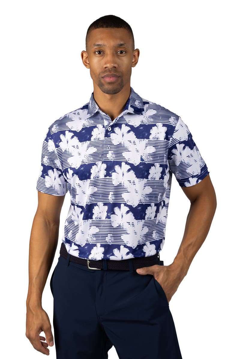 TailorByrd Tropical Stripe Floral Print Performance Polo, Alternate, color, Navy