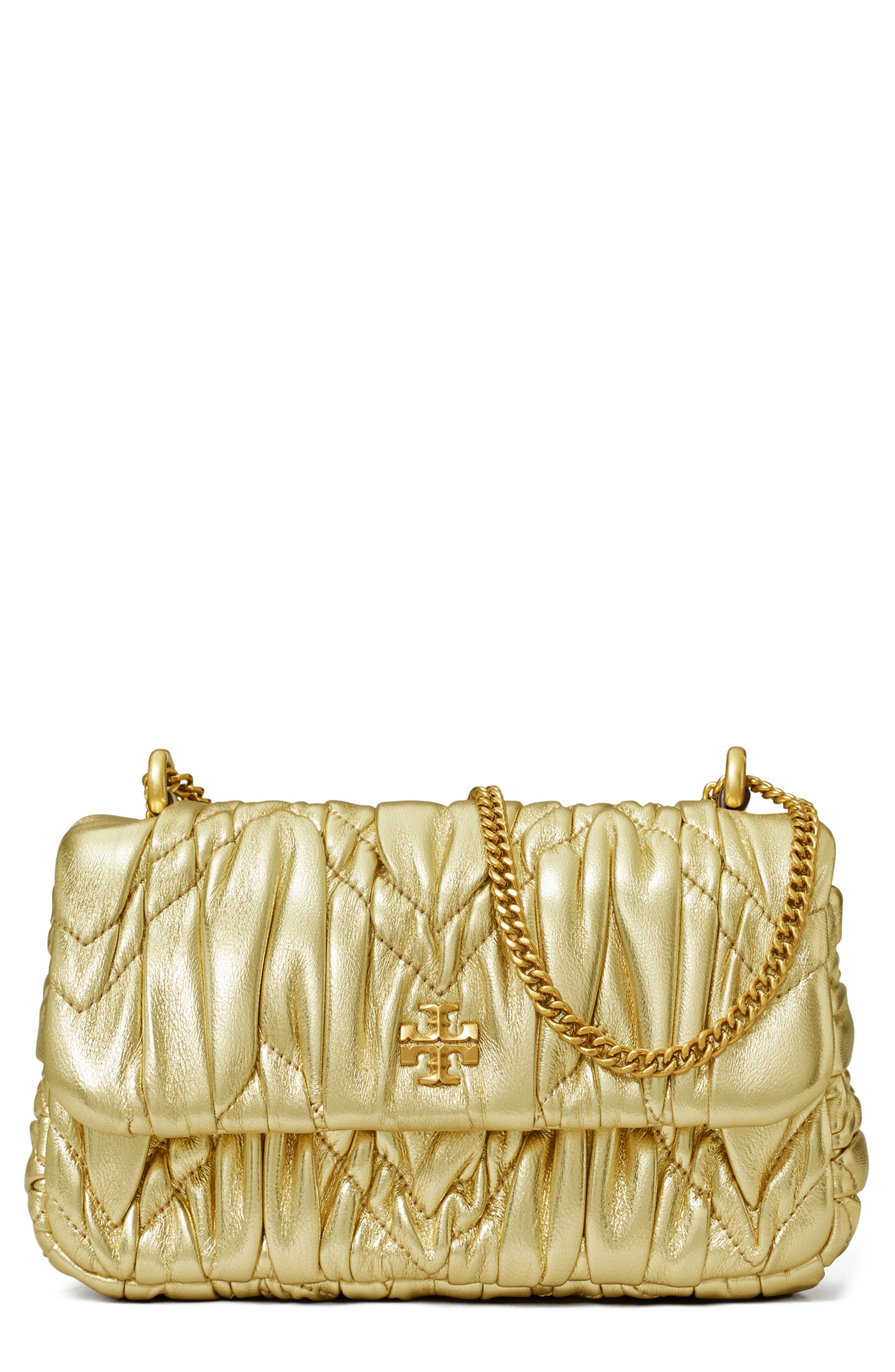 Tory Burch Mini Kira Metallic Ruched Convertible Leather Crossbody Bag, Main, color, 