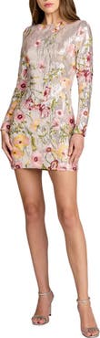 Mac Duggal Long Sleeve Floral Embroidered Sequin Mini Dress