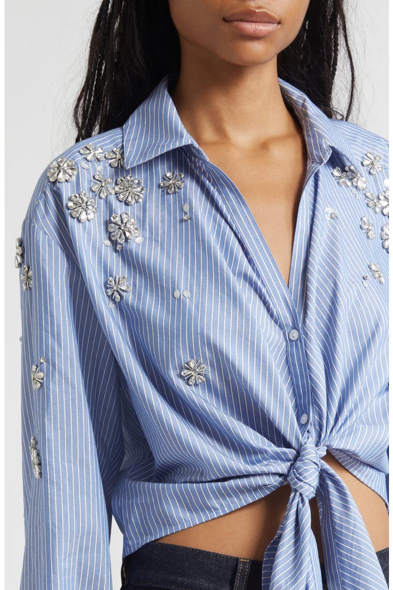 Lola Stripe Rhinestone Embellished Tie Front Button-Up Shirt, Alternate, color, BLUE MULTI