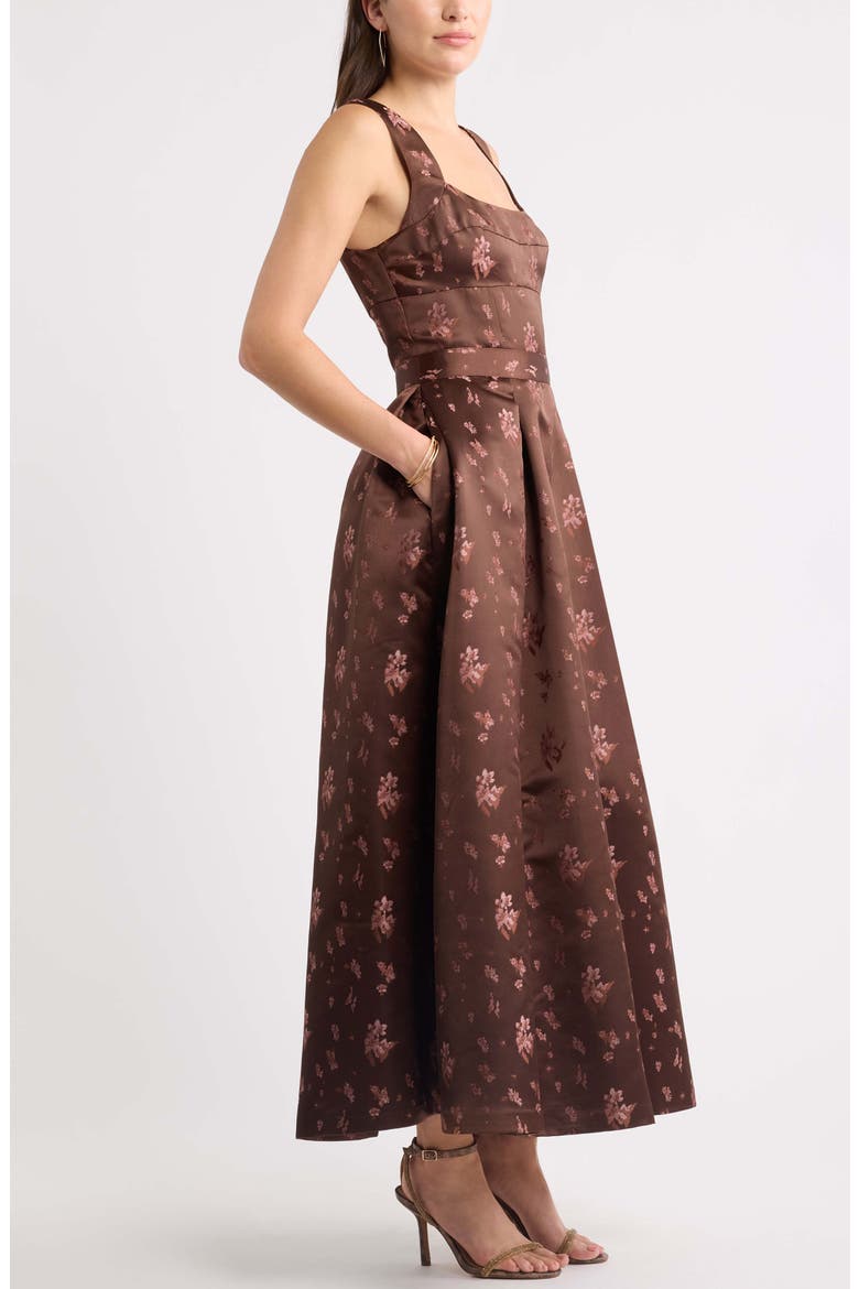 Pleated Seamed Bodice Jacquard Maxi Cocktail Dress, Alternate, color, BROWN BROCADE
