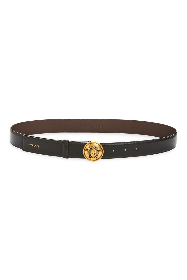 Medusa Medallion Buckle Leather Belt, Main, color, BLACK GOLD 82