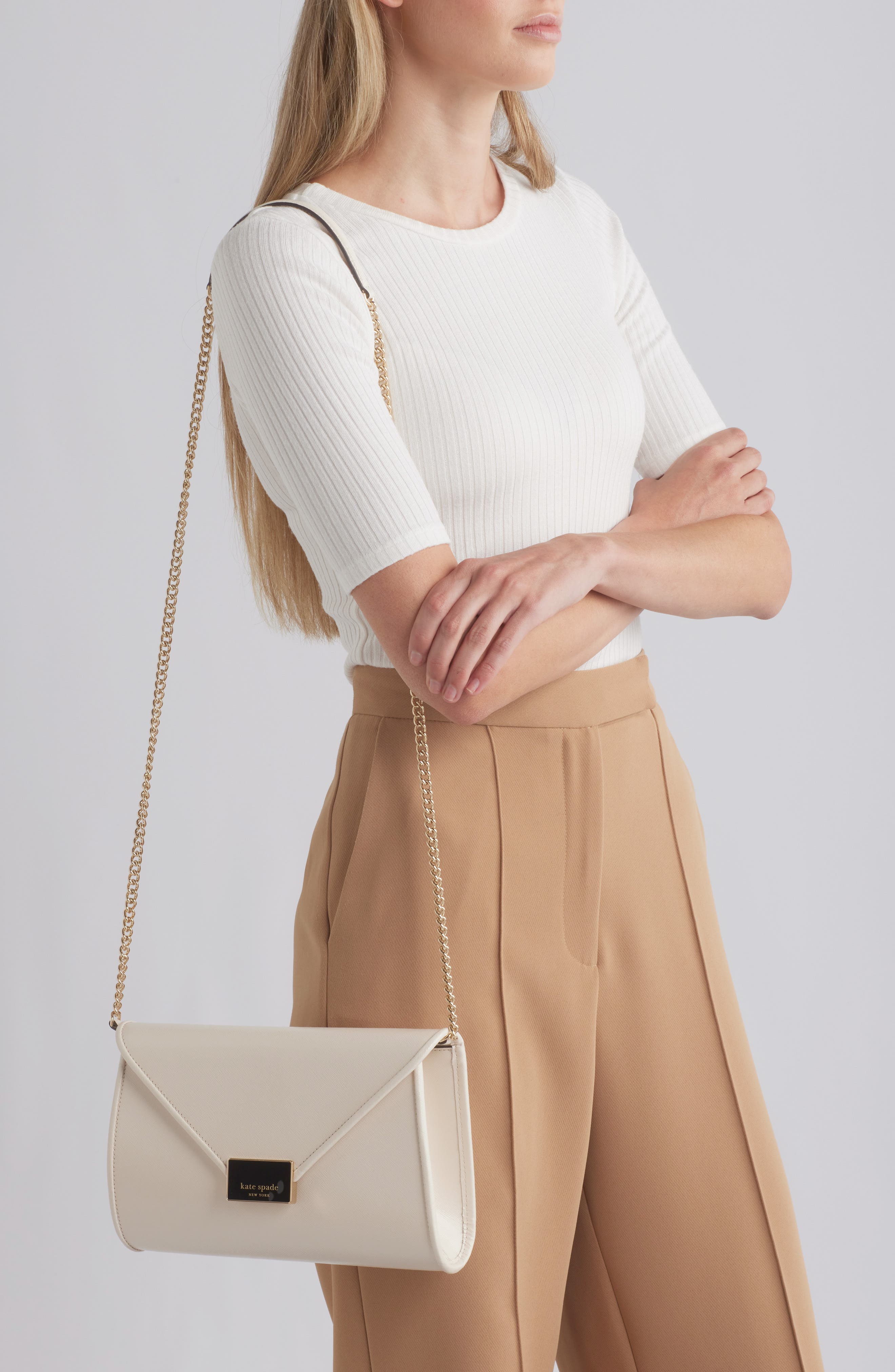 Kate Spade New York anna medium envelope leather convertible clutch, Alternate, color, Parchment