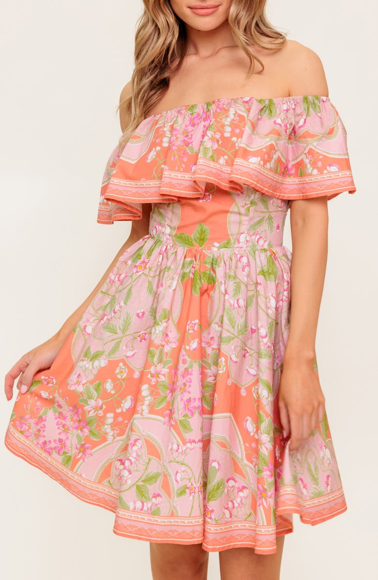FLYING TOMATO Floral Off the Shoulder Cotton Minidress, Alternate, color, Coral