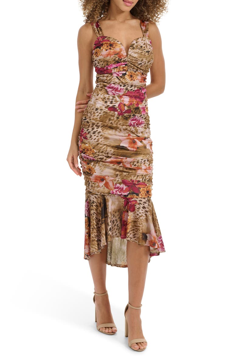Sweetheart Ruched Mesh Midi Dress, Main, color, KHAKI MULTI