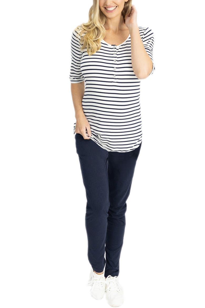Maternity/Nursing Henley & Lounge Pants Set, Main, color, NAVY WHITE STRIPE