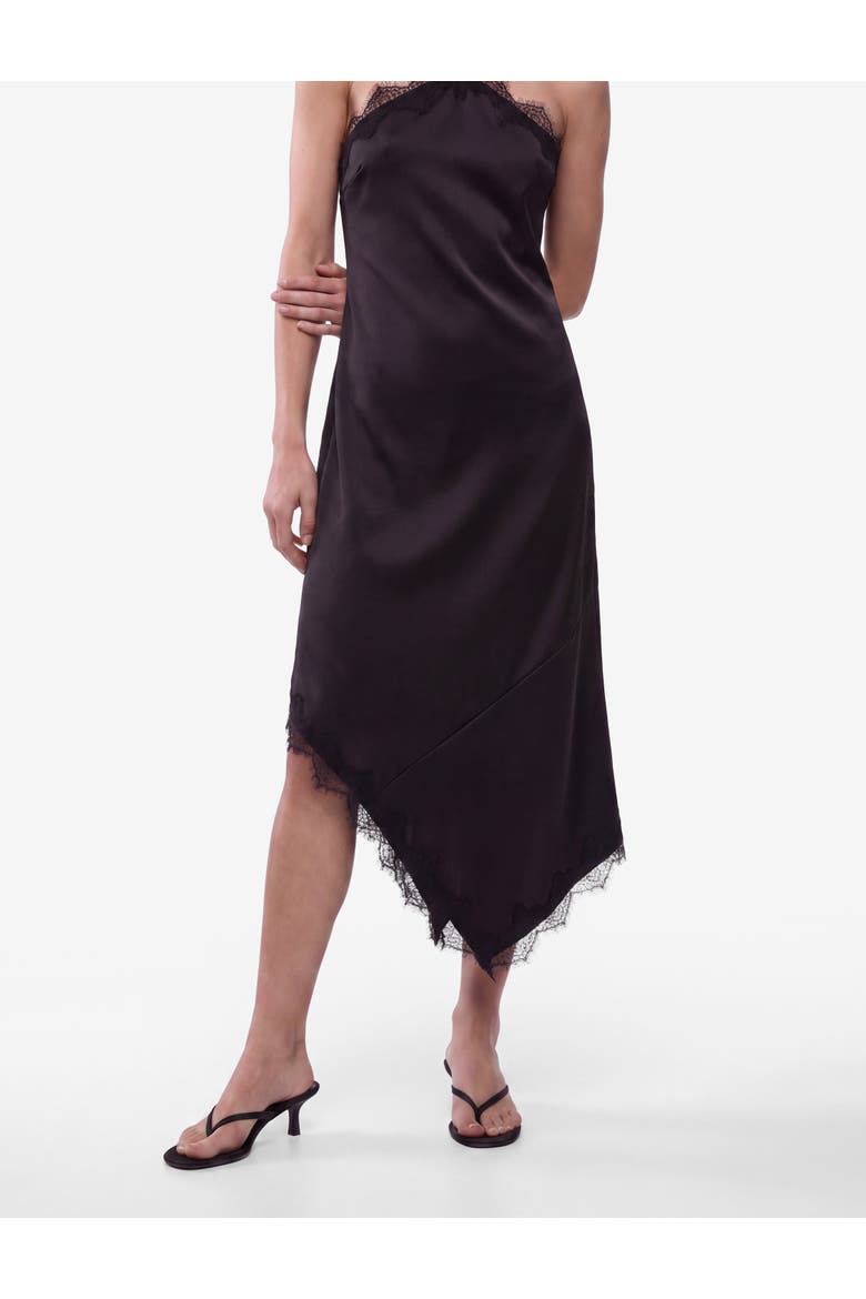 Asymmetric Lace Trim Satin Slip Dress, Alternate, color, BLACK