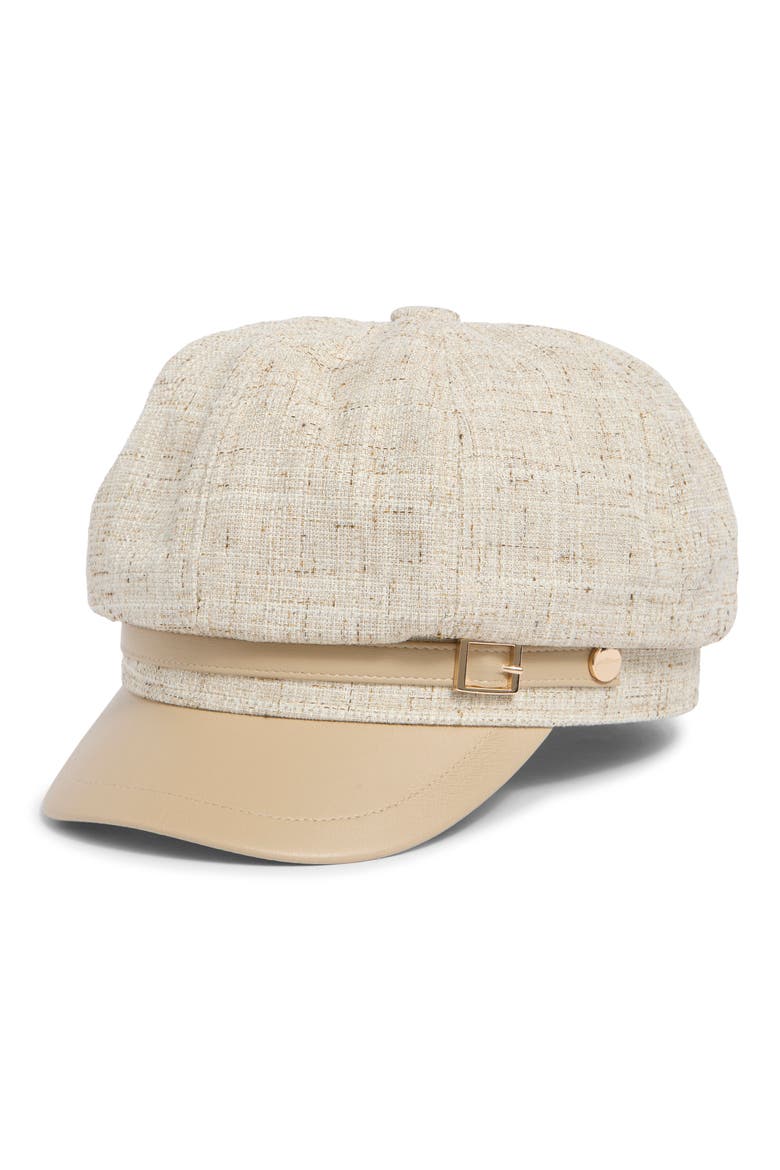Tweed & Faux Leather Newsboy Cap, Main, color, NATURAL