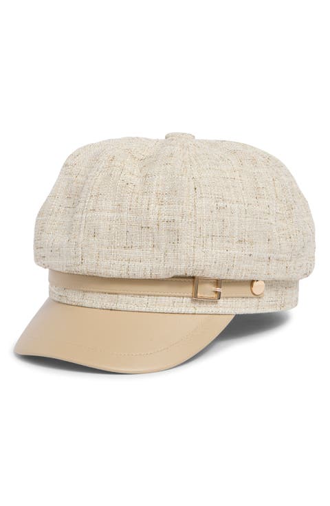 Tweed & Faux Leather Newsboy Cap