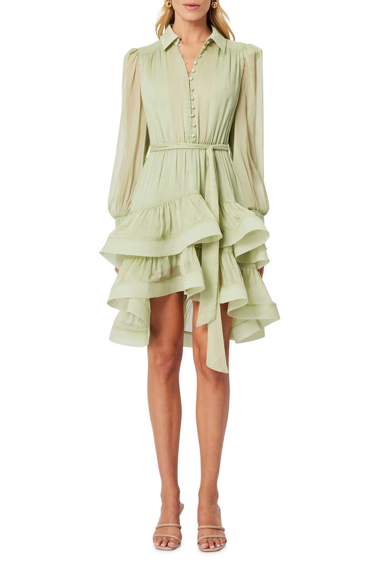 Poppy Long Sleeve Tiered Ruffle Shirtdress, Main, color, PISTACHIO