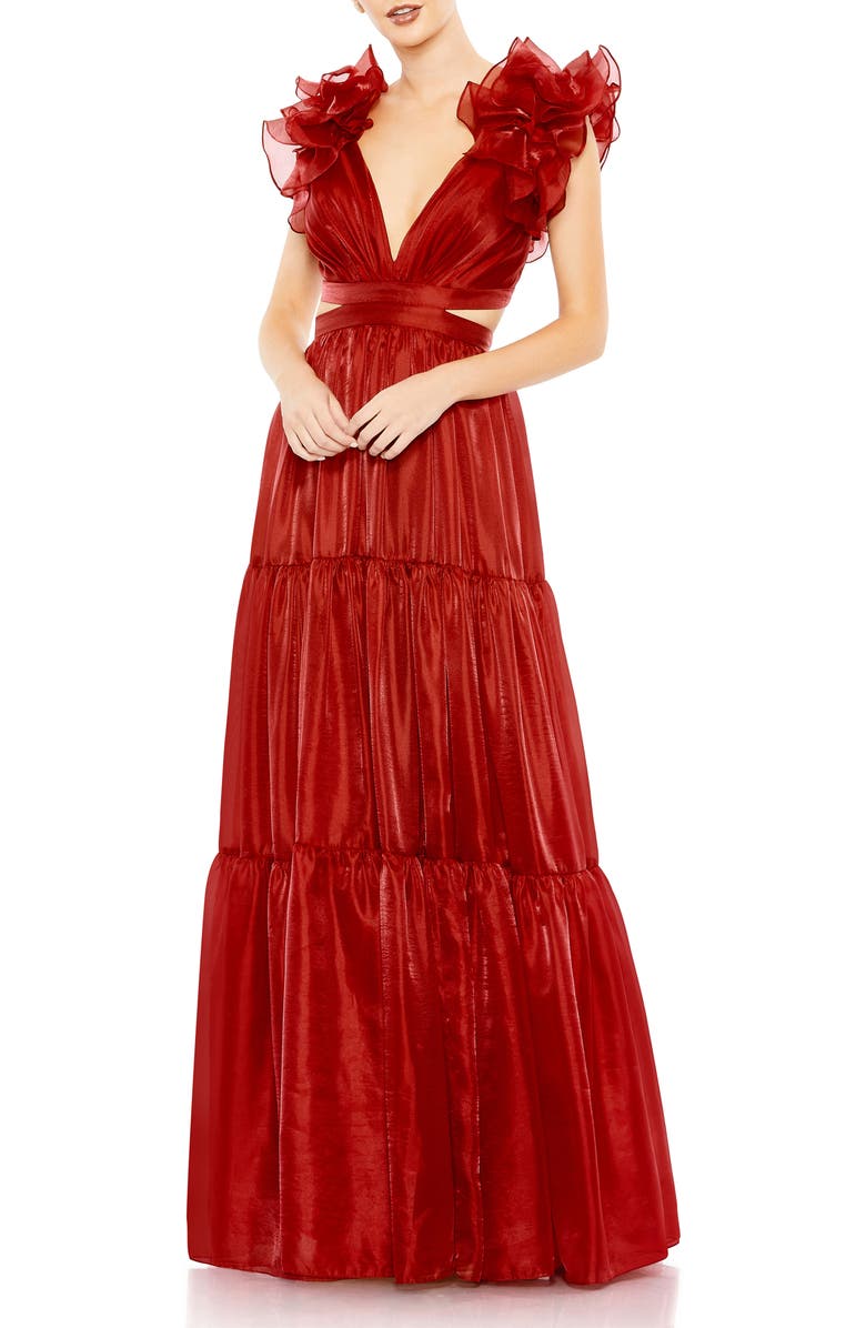 Mac Duggal Ruffled Shoulder Cut Out Soft Tie Back Tiered Gown, Main, color, Wine
