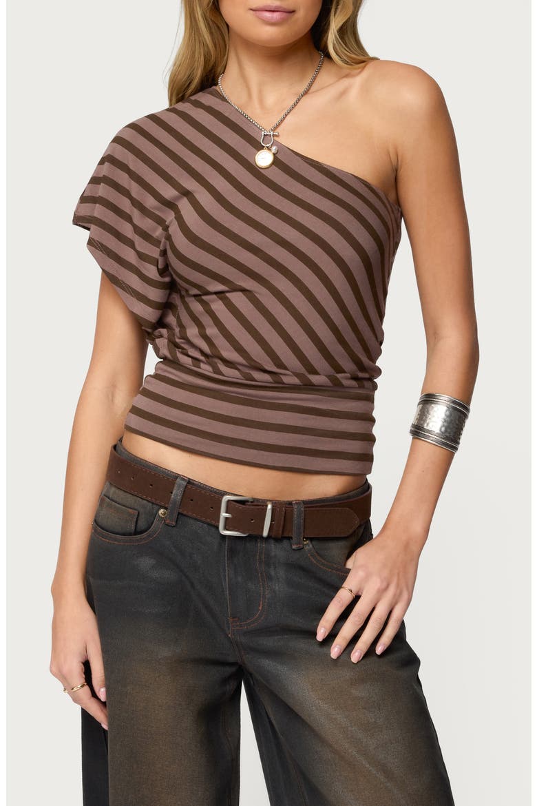 Stripe One-Shoulder Crop Top, Main, color, BROWN