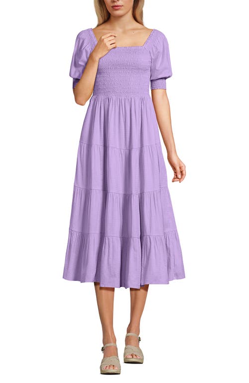 LANDS' END LANDS' END SMOCKED COTTON DOBBY MIDI PUFF SLEEVE DRESS