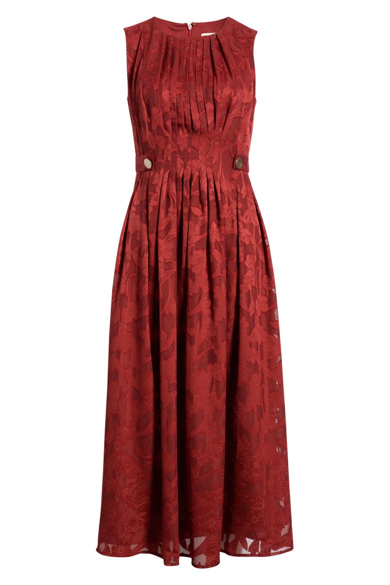 Pleated Floral Jacquard Midi A Line Dress, Alternate, color, RUST