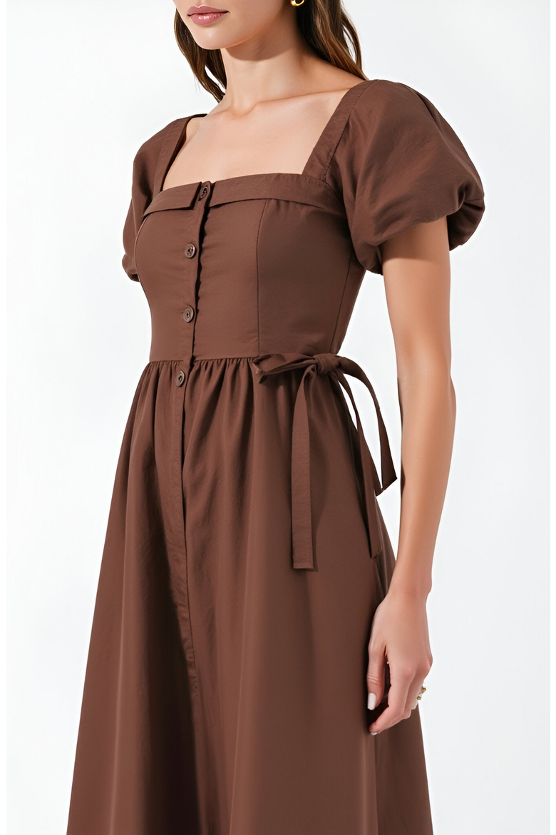 Square Neck Puff Sleeve Midi Dress with Side Tie Ribbon and Button Front, Alternate, color, Brown
