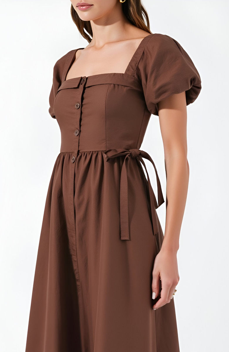 Modenaire Square Neck Puff Sleeve Midi Dress with Side Tie Ribbon and Button Front, Alternate, color, Brown