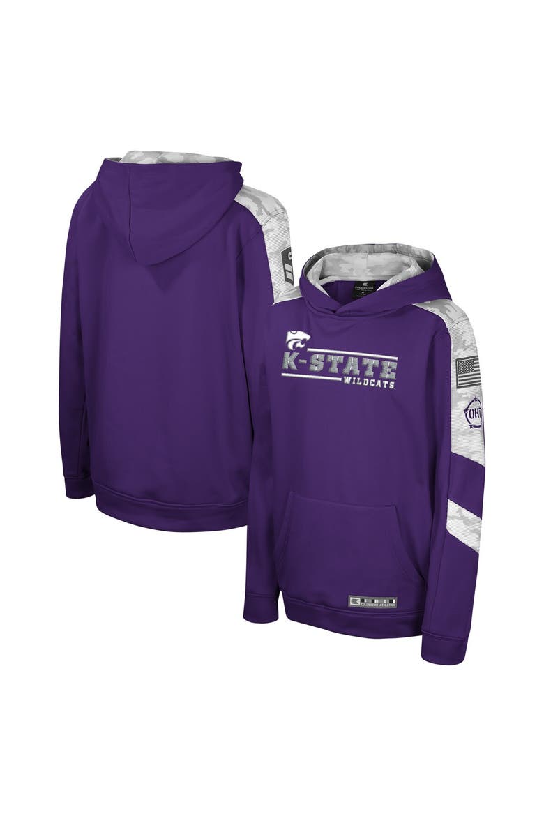 Youth Colosseum Purple Kansas State Wildcats OHT Military Appreciation Cyclone Digital Camo Pullover Hoodie, Main, color, Purple