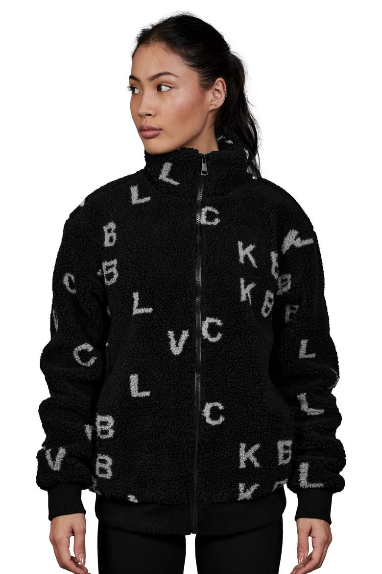 'Monogram' Fleece Jacket, Alternate, color, Black