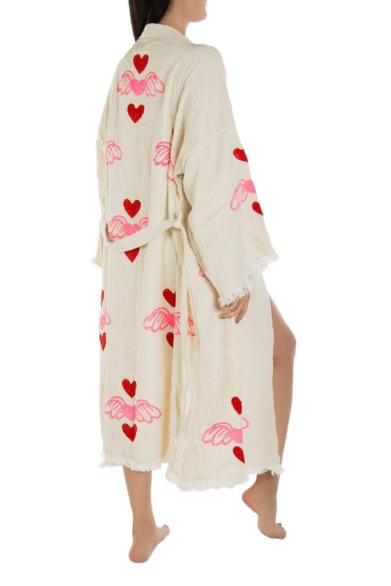 Valentine - Red Hearts Handmade Cotton Robe Cover-Up, Alternate, color, Off-White