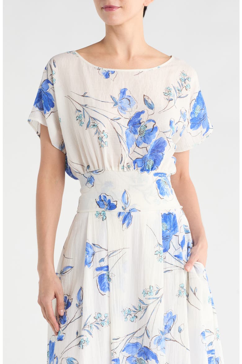 Floral Short Sleeve Smocked Back Crop Top, Main, color, WHITE AND BLUE