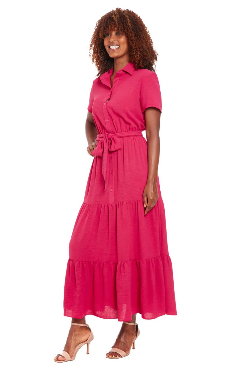 London Times Short Sleeve Tiered Shirtdress, Alternate, color, Magenta