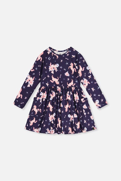 Long Raglan Sleeve Unicorn Dress with Patch Pockets