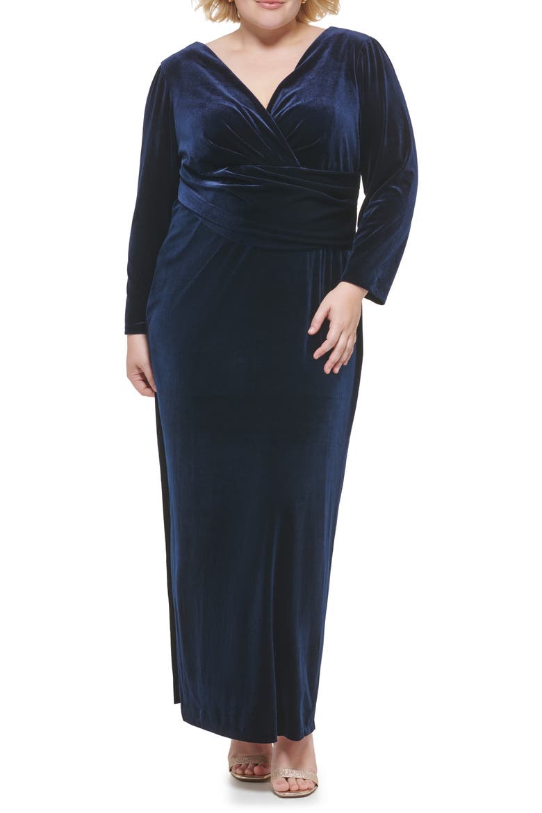 Long Sleeve Faux Wrap Velvet Gown, Main, color, NAVY