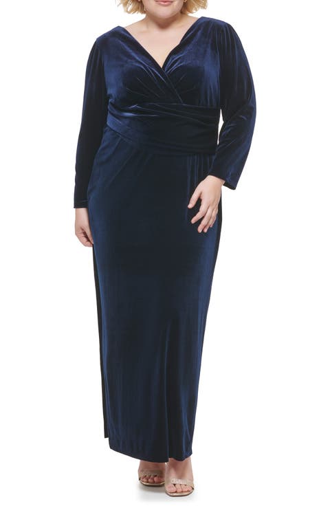 Long Sleeve Faux Wrap Velvet Gown (Plus)