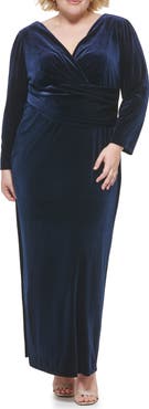 Eliza J Long Sleeve Faux Wrap Velvet Gown