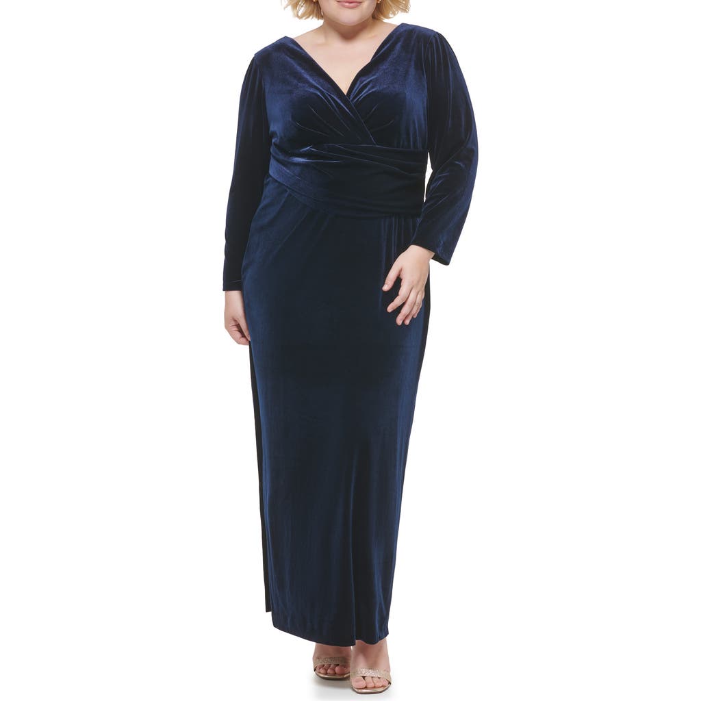 Eliza J Long Sleeve Faux Wrap Velvet Gown In Blue