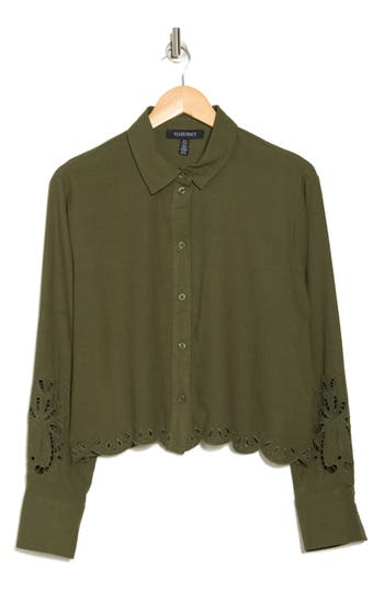 Ellen Tracy Eyelet Inset Button-up Shirt In Olive