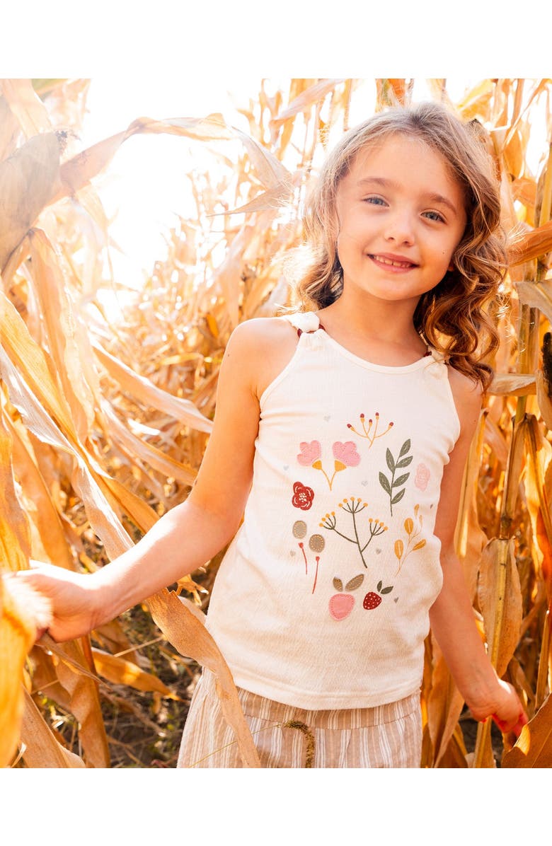 Deux par Deux Girl's Crinkle Jersey Tank Top Pink Flowers On Cream Background, Alternate, color,