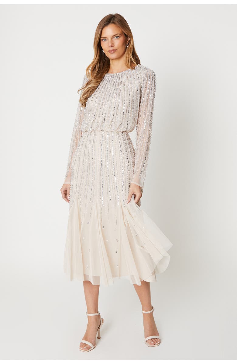 Coast Party Sequin Long Sleeve Midi Dress, Main, color, Champagne