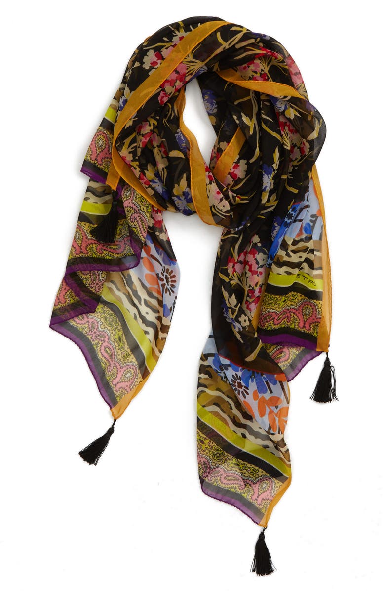 Etro Delhy Tassel Silk Scarf, Alternate, color,