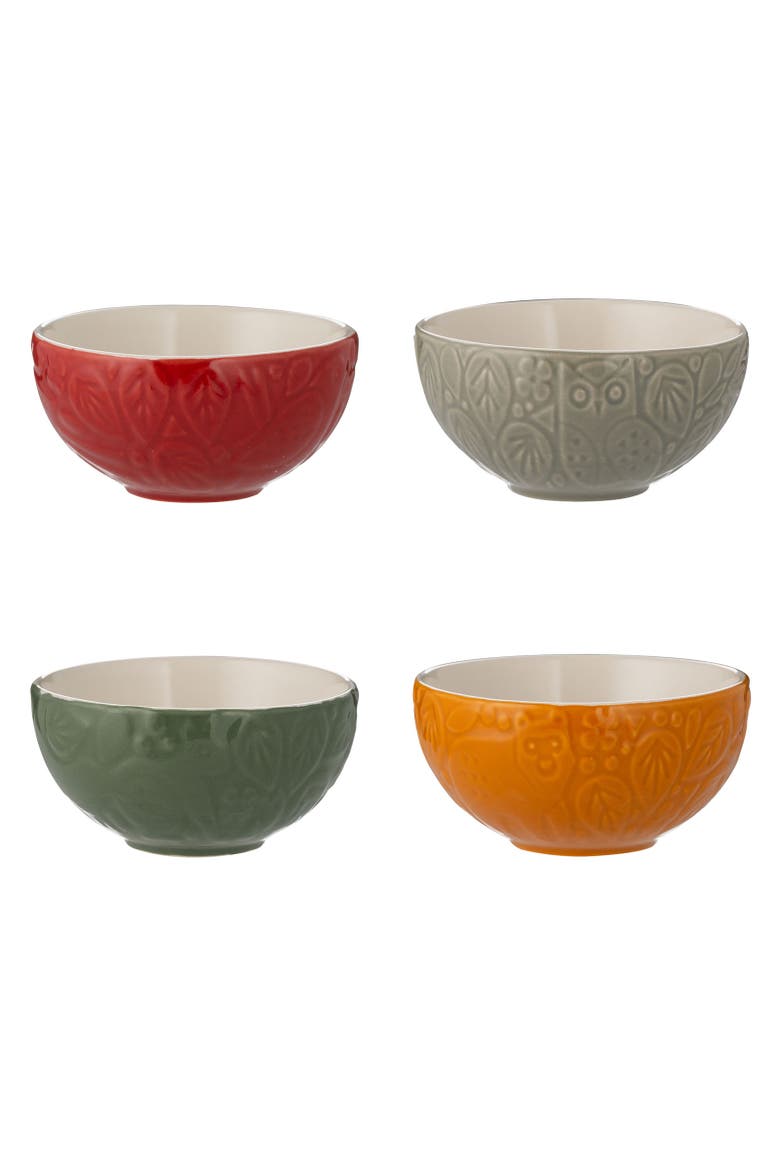 In the Forest Mini Bowl Set, 4 Stoneware Prep Bowls with Embossed Woodland Designs, Main, color, Multicolored