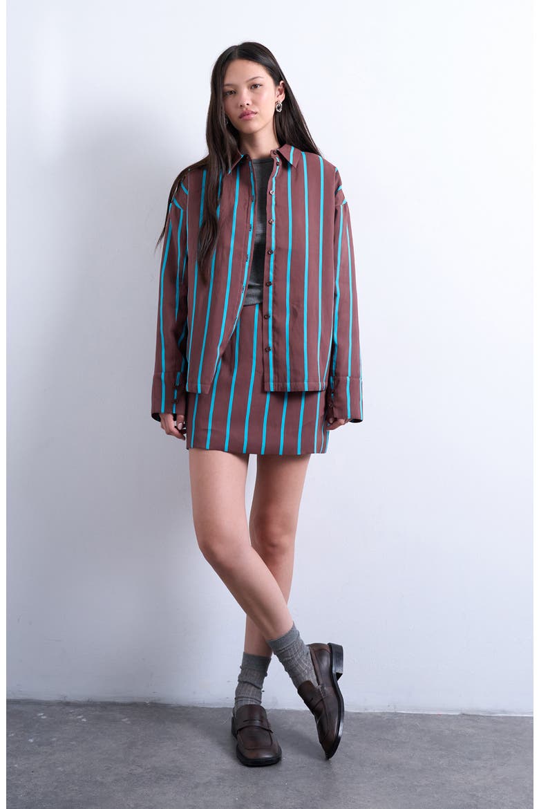 Oversize Stripe Quilted Button-Up Shirt, Main, color, BROWN MULTI