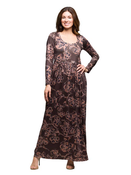 24seven Comfort Apparel Floral Long Sleeve Scoop Neck Maxi Dress In Brown