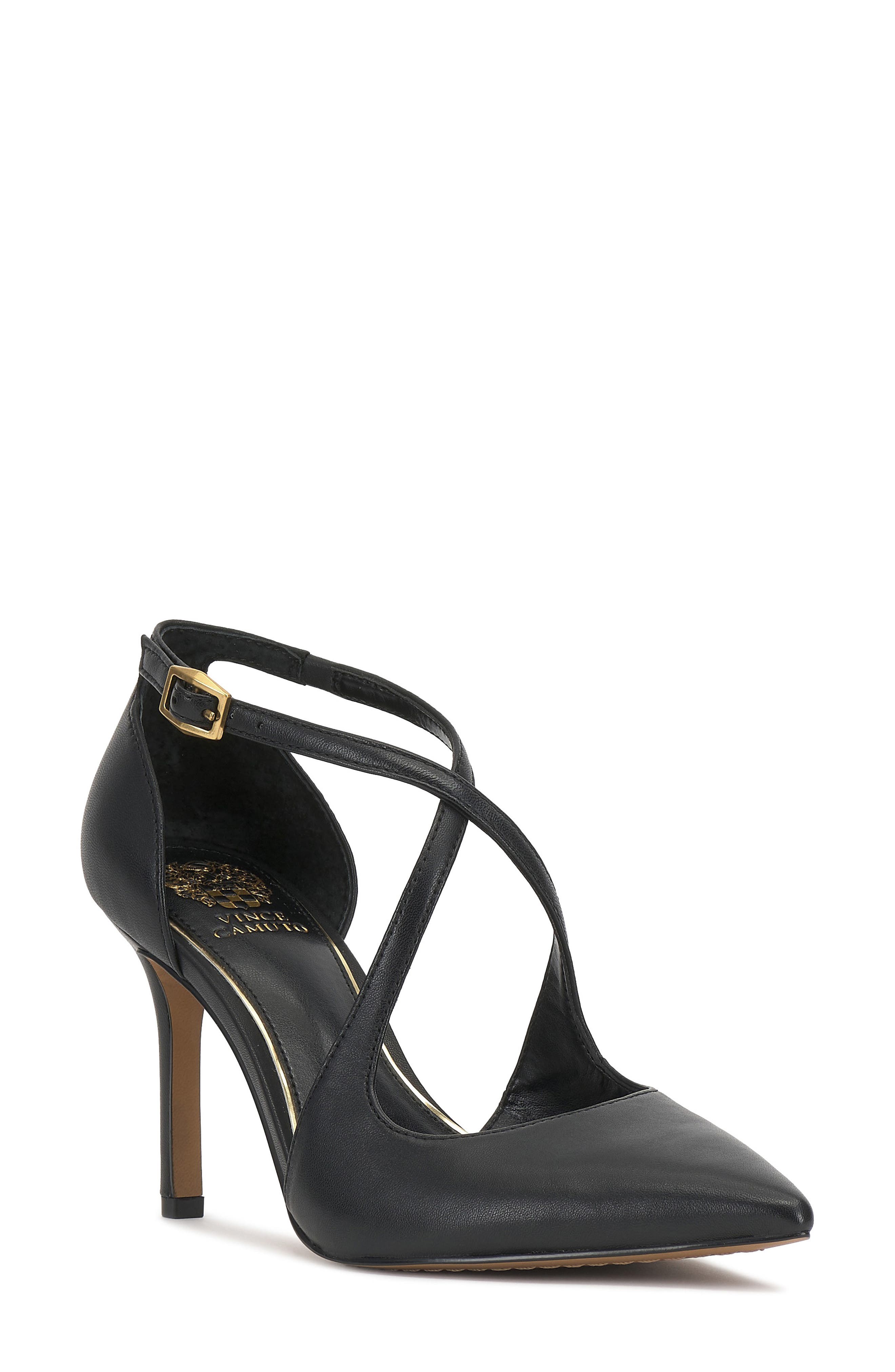 Vince Camuto Noreta Ankle Strap Pointed Toe Pump, Main, color, Black Ecoshe