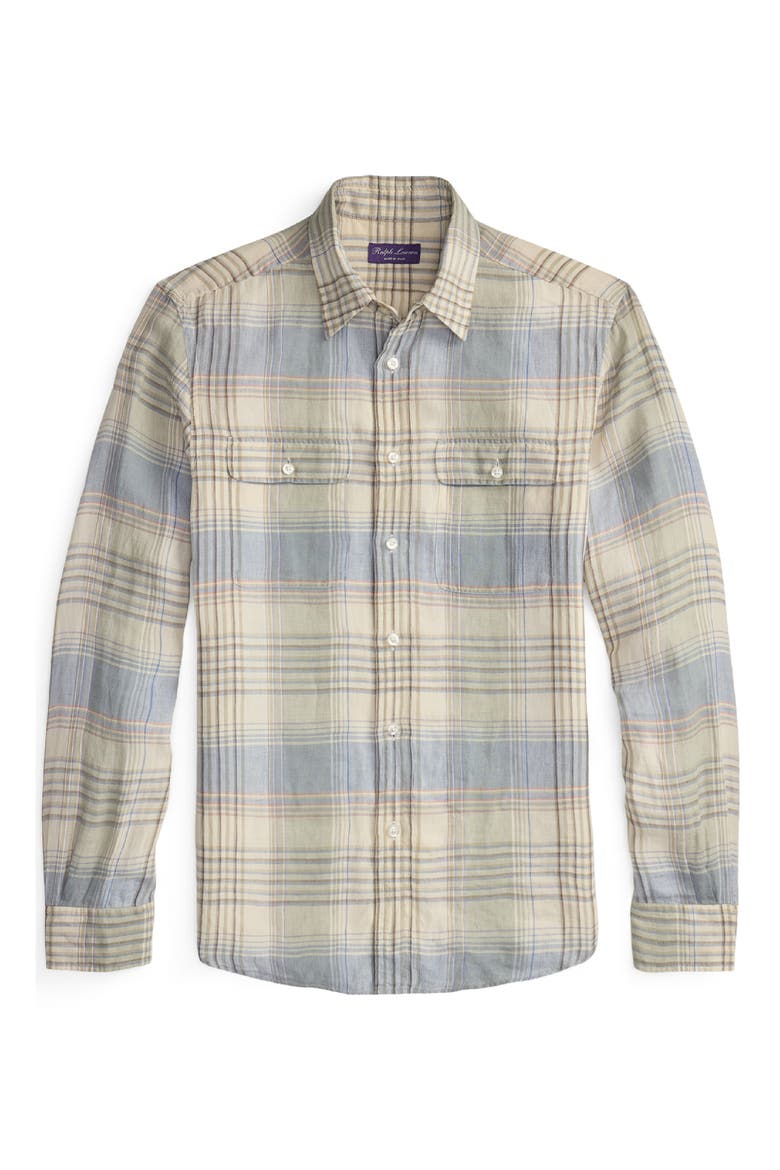Plaid Linen Button-Up Shirt, Alternate, color, INFINITY BLUE