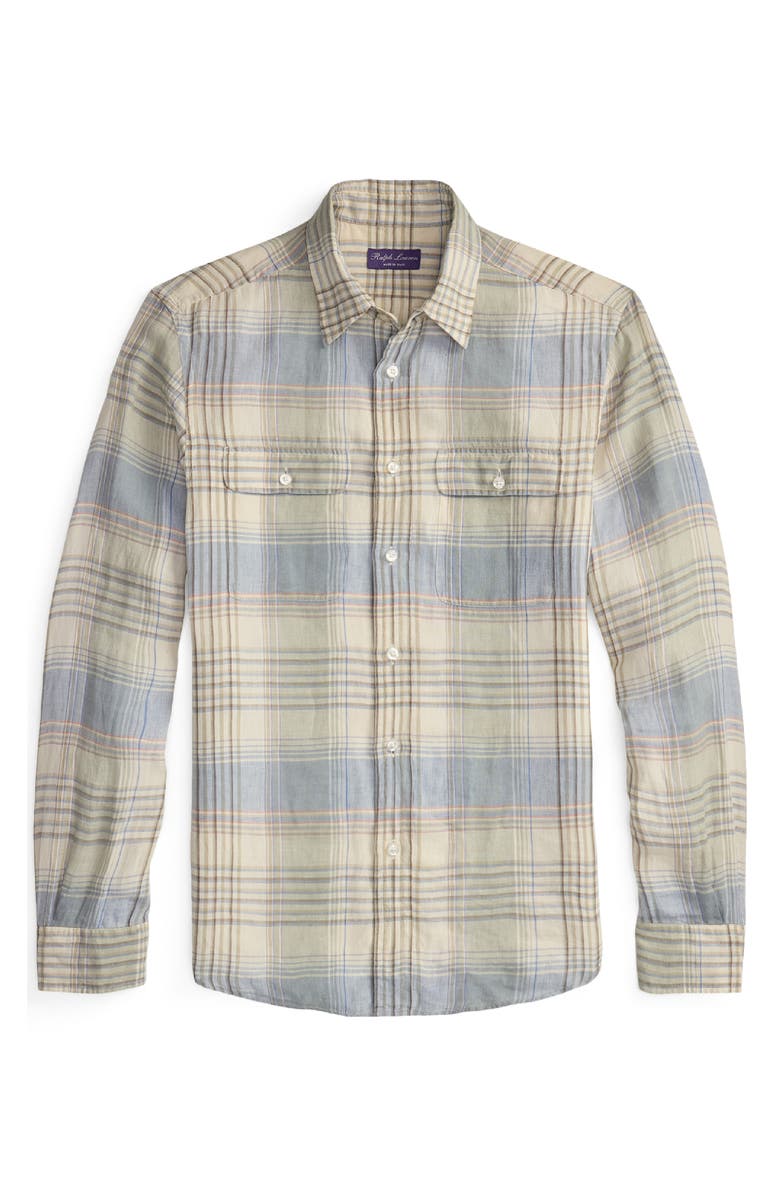 Ralph Lauren Purple Label Plaid Linen Button-Up Shirt, Alternate, color, Infinity Blue