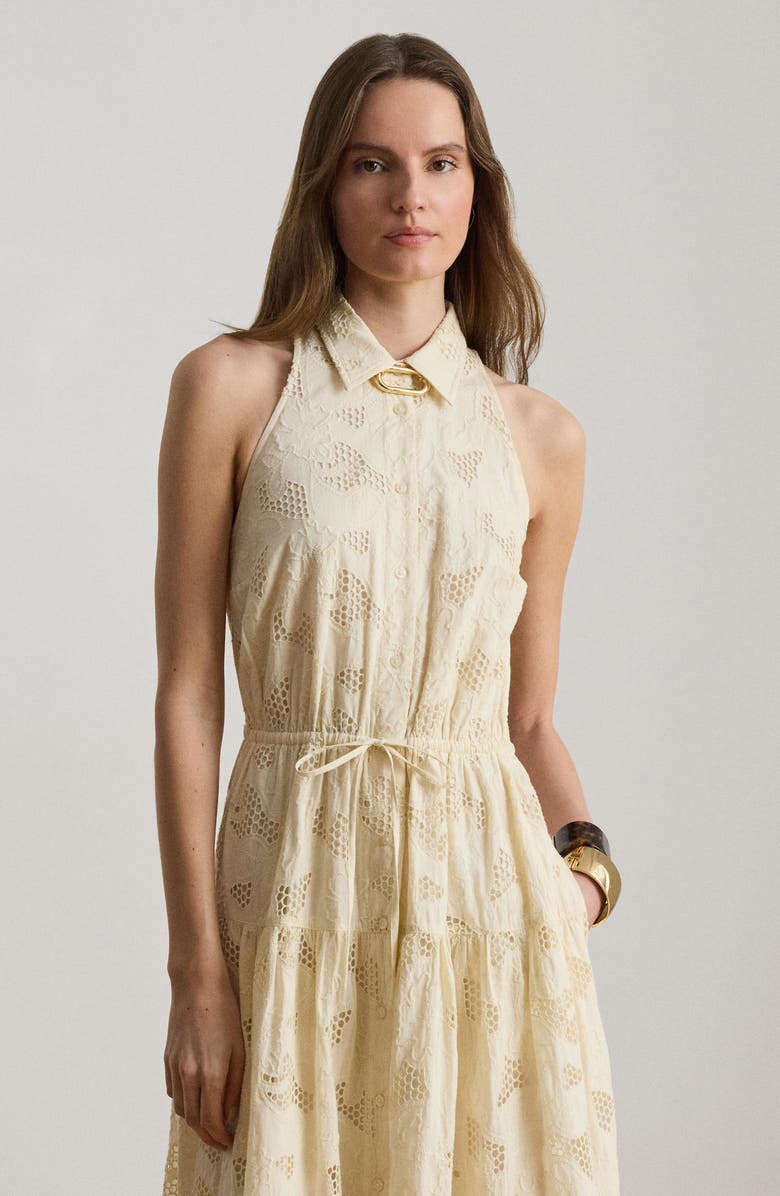Lauren Ralph Lauren Sleeveless Embroidered Cotton Voile Tiered Shirtdress, Alternate, color, Mascarpone Cream
