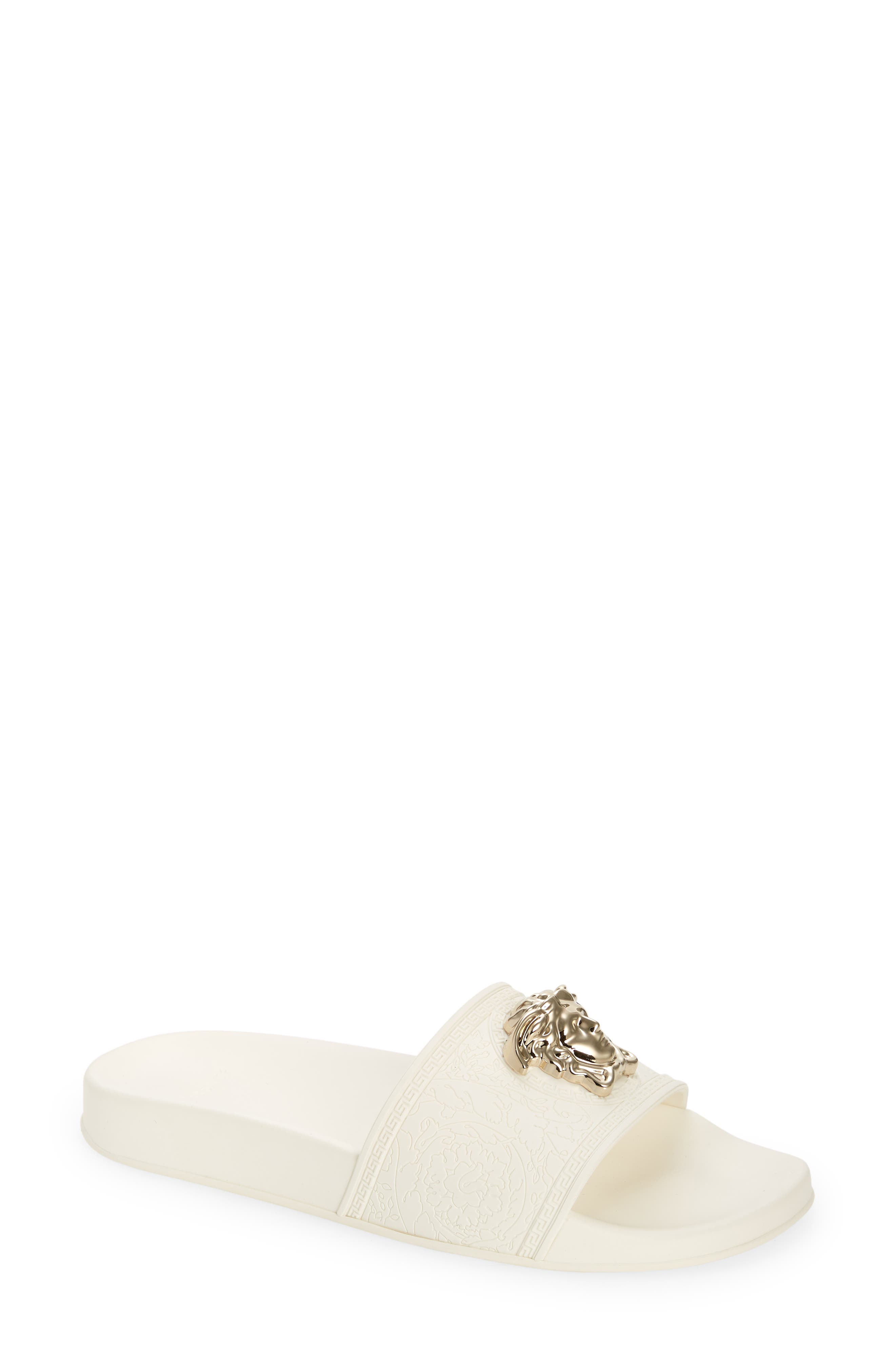 Medusa Slide Sandal, Main, color, WHITE- LIGHT GOLD