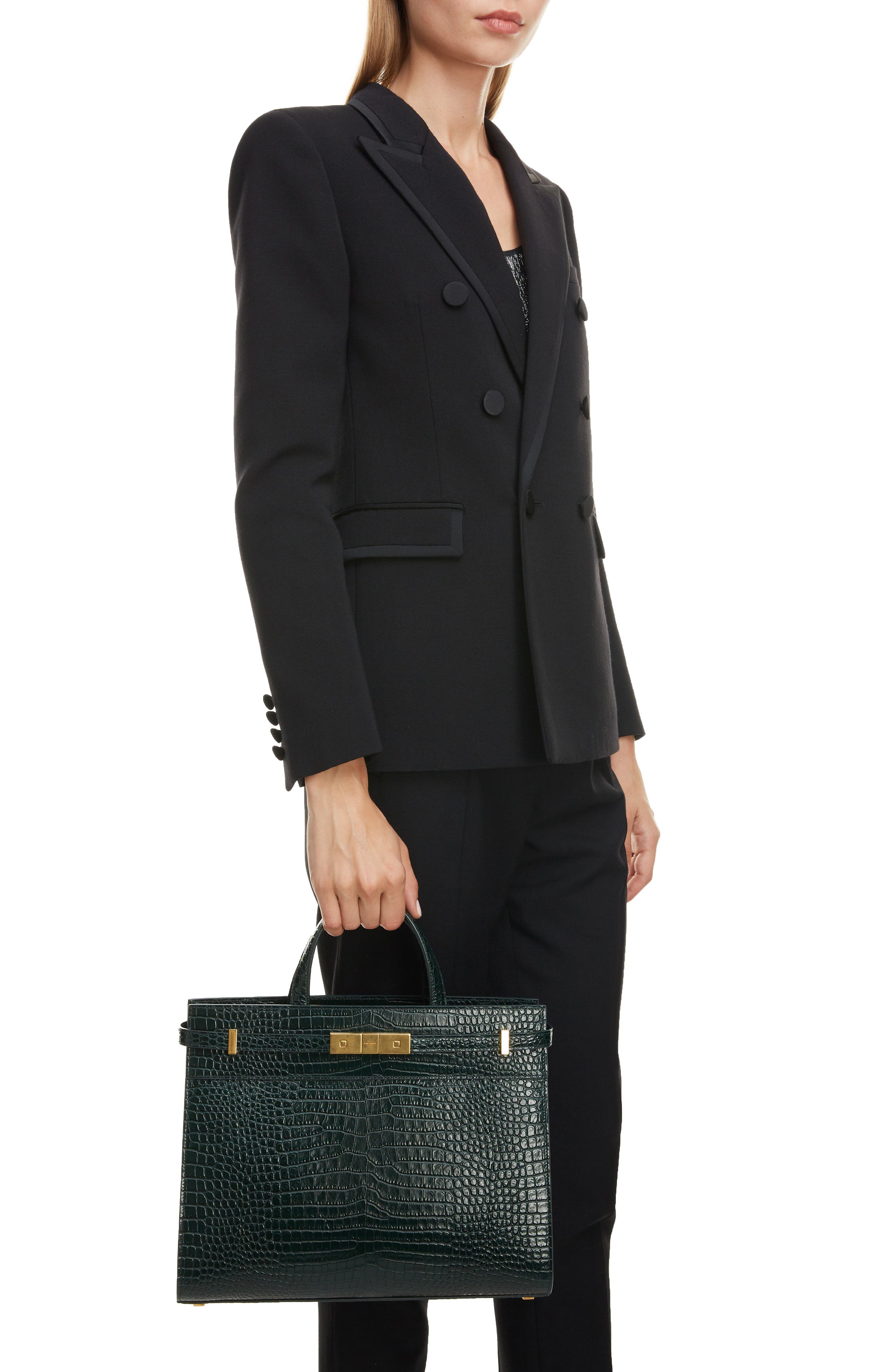 Saint Laurent Small Manhattan Croc Embossed Calfskin Satchel, Alternate, color, 