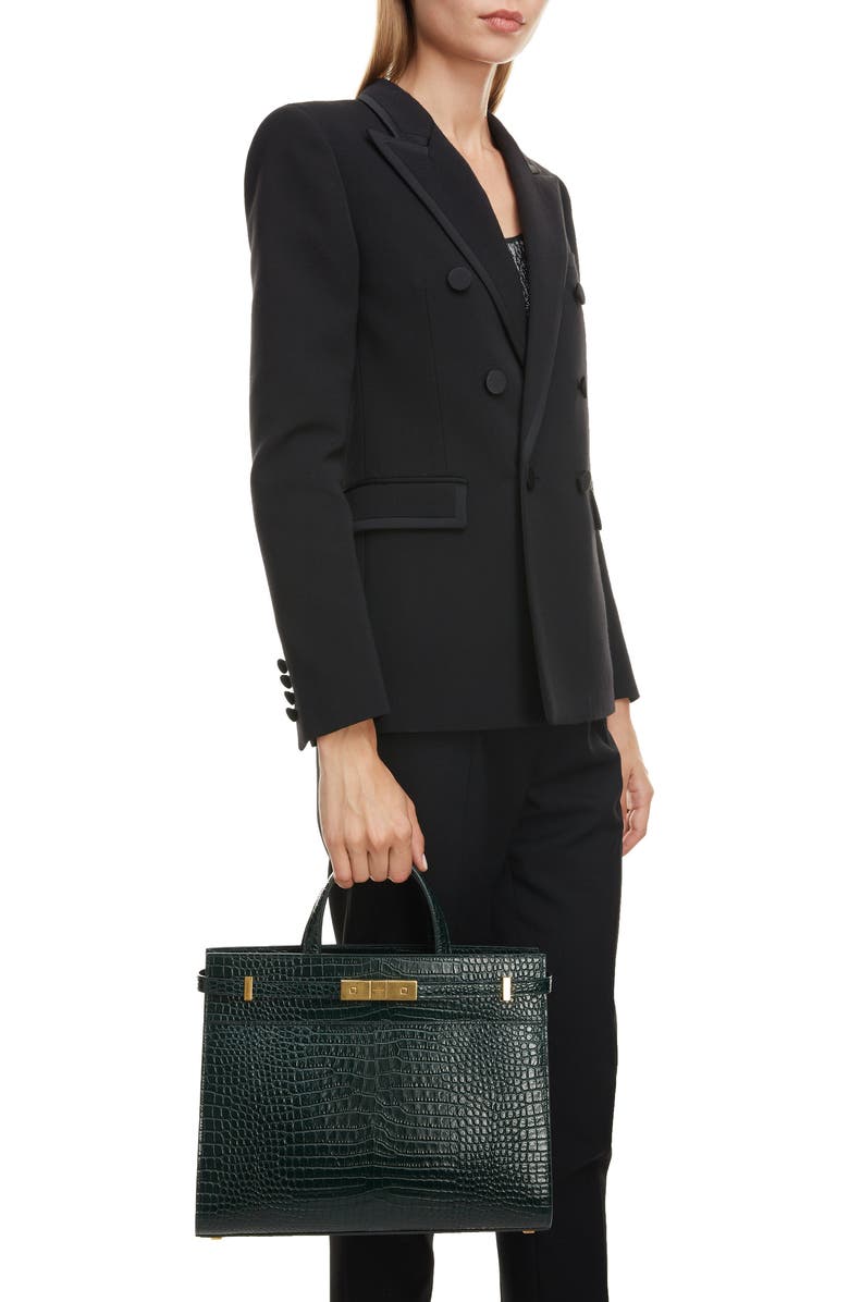 Saint Laurent Small Manhattan Croc Embossed Calfskin Satchel, Alternate, color,