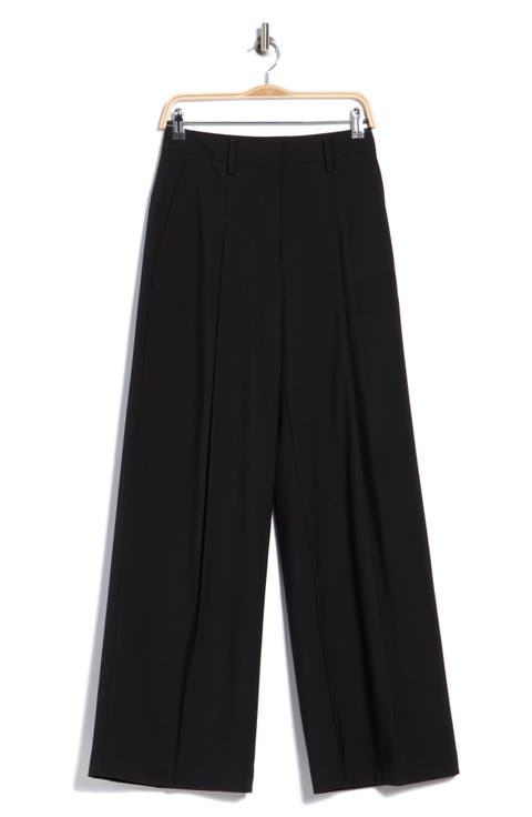 Wide Leg Pleated Wool Blend Trousers