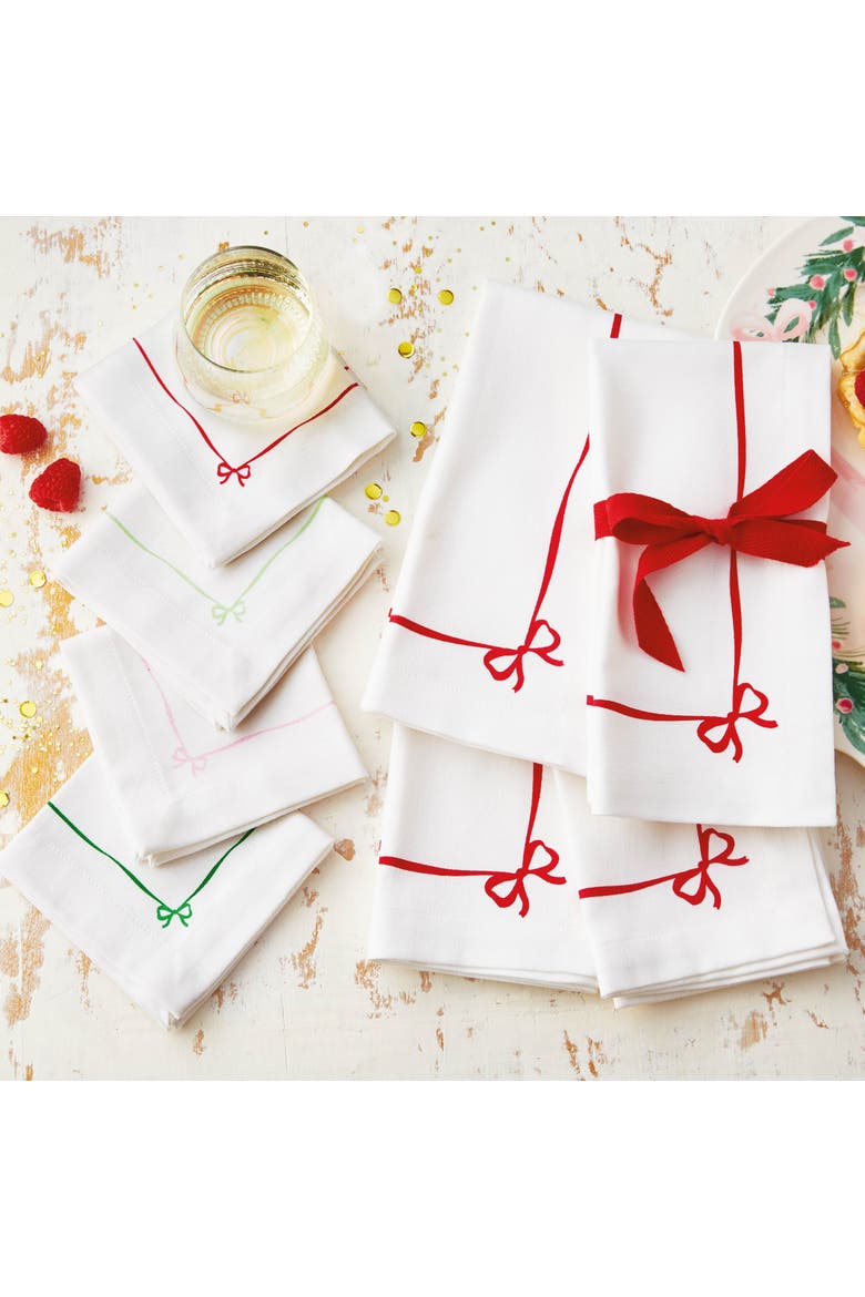 Very Merry Bow Napkin Set Cotton Christmas Cloth Napkins, Alternate, color, White