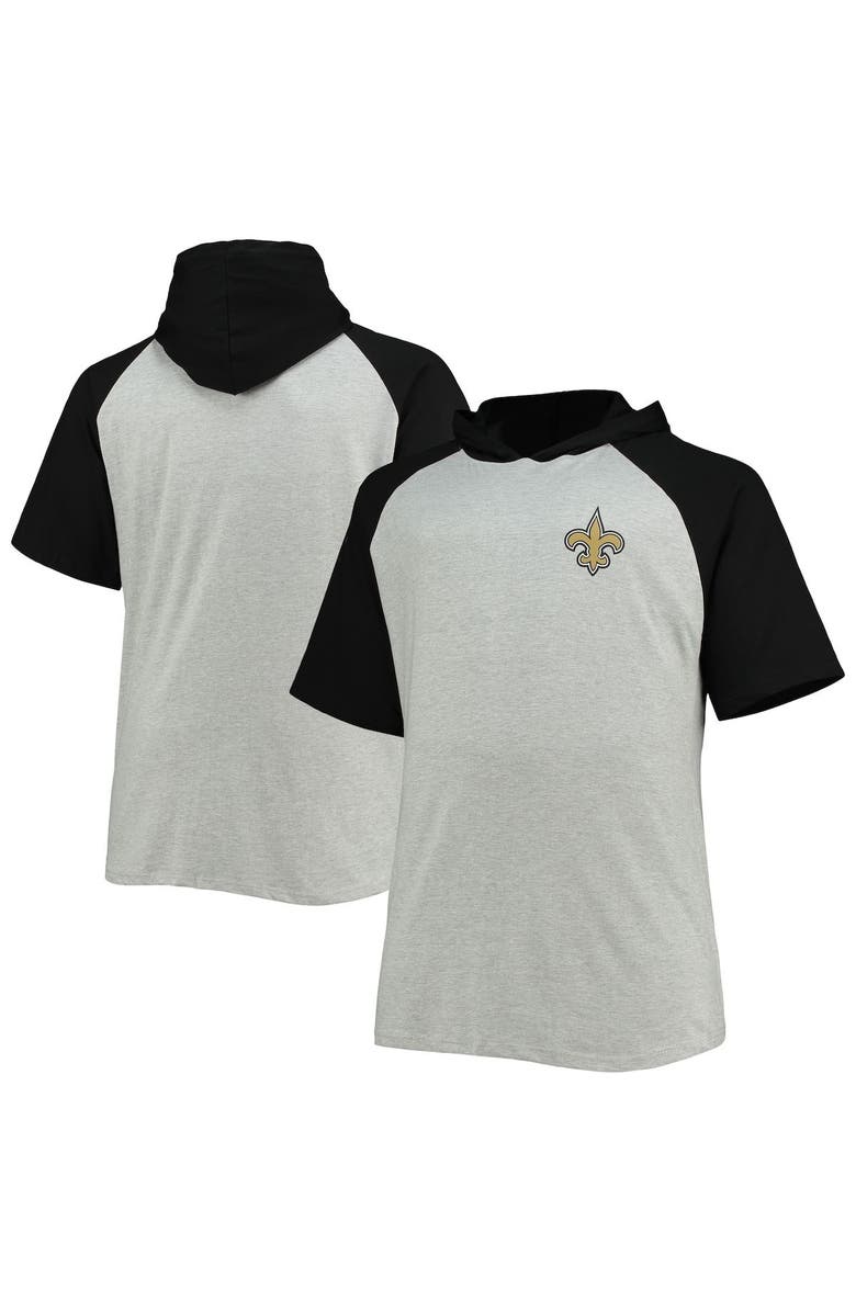 PROFILE Men's Heathered Gray/Black New Orleans Saints Big & Tall Raglan Short Sleeve Pullover Hoodie, Main, color, 