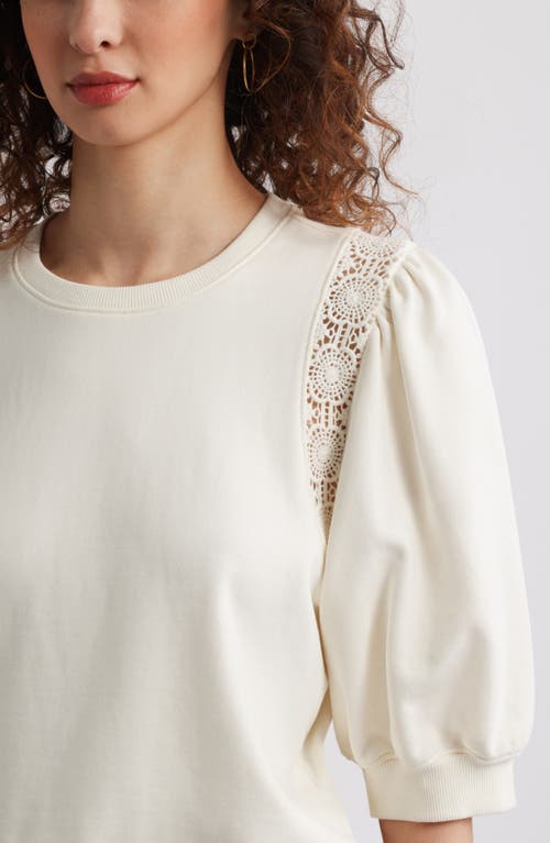 Treasure & Bond Lace Inset Puff Sleeve Crop Sweatshirt In Ivory Egret